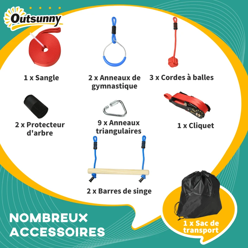Outsunny Parcours d'obstacles ninja pour enfants 30 accessoires et sac de transport 10 m de slackline bleu noir rouge
