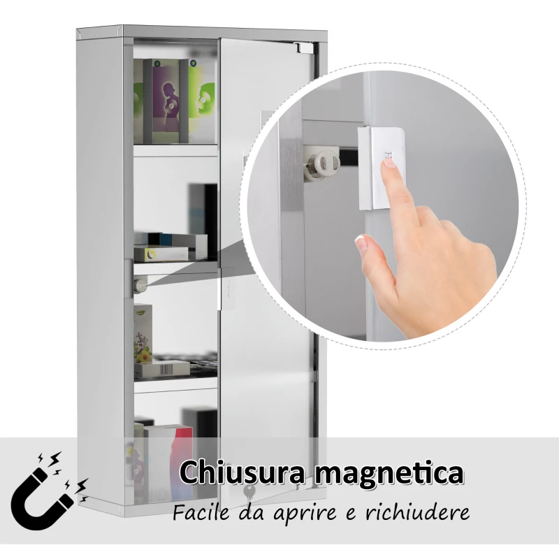 HOMCOM Armadietto Medicinale Cassetta Porta Medicina a Quattro Ripiani in Acciaio Inox 30 x 12 x 60cm
