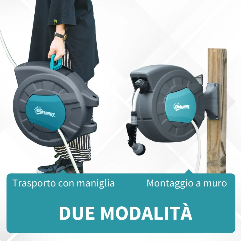 Outsunny Avvolgitubo Automatico a Parete Girevole a 180°, Tubo Acqua da 15+1.4m e Pistola Multifunzione, Grigio