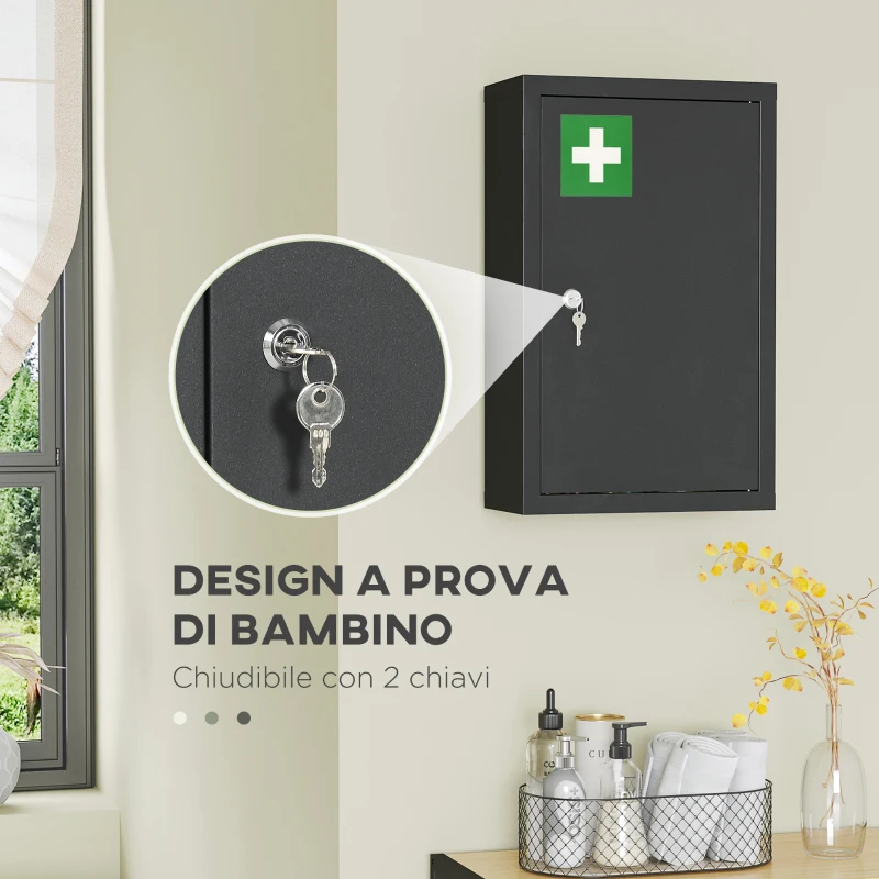 kleankin Armadietto Medicinali con 3 Mensole e Blocco con Chiavi in Acciaio, 30x14x46cm, Nero