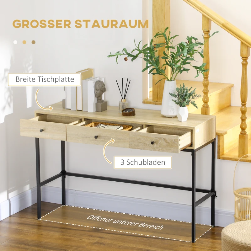 HOMCOM Konsolentisch im Industriedesign, 3 Schubladen, Flurtisch, Natur + Schwarz