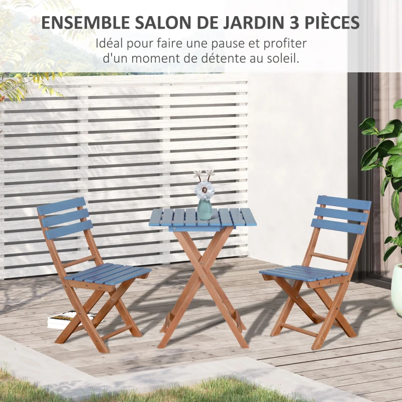 Outsunny Ensemble bistro de jardin 3 pièces avec 1 table et 2 chaises pliantes en bois de pin - bleu