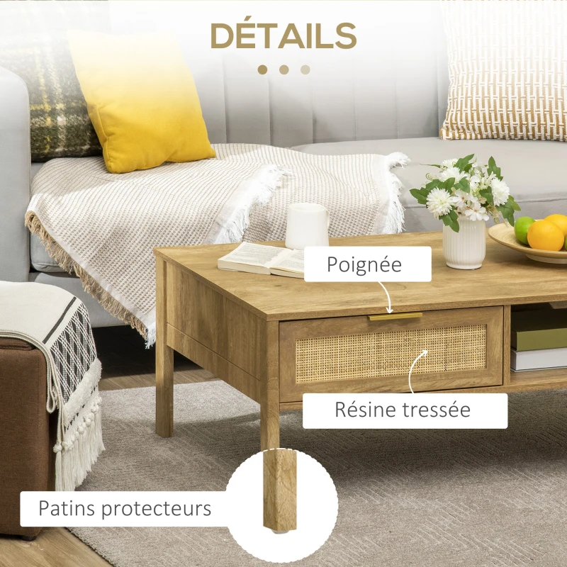 HOMCOM Table basse rectangulaire table de salon avec multi-rangements niche et tiroir portes effet cannage rotin tissé