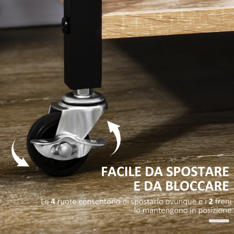 HOMCOM Carrello da Cucina a 3 Ripiani con Vassoio Rimovibile e Ruote Girevoli, 72x40x94cm, Legno e Nero
