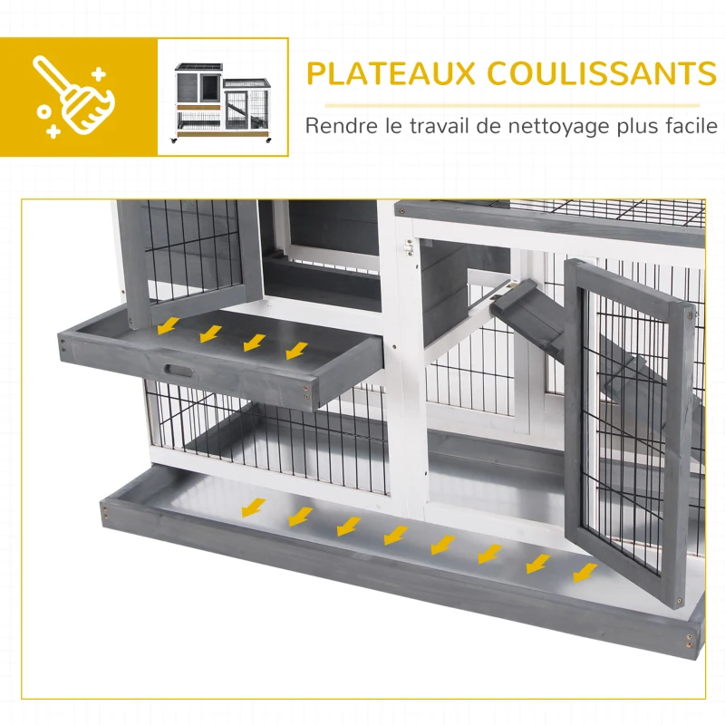 PawHut Clapier à lapin sur roulettes cage à lapin intérieur extérieur 2 étages 2 portes verrouillables 2 plateaux coulissants rampe bois de sapin gris blanc