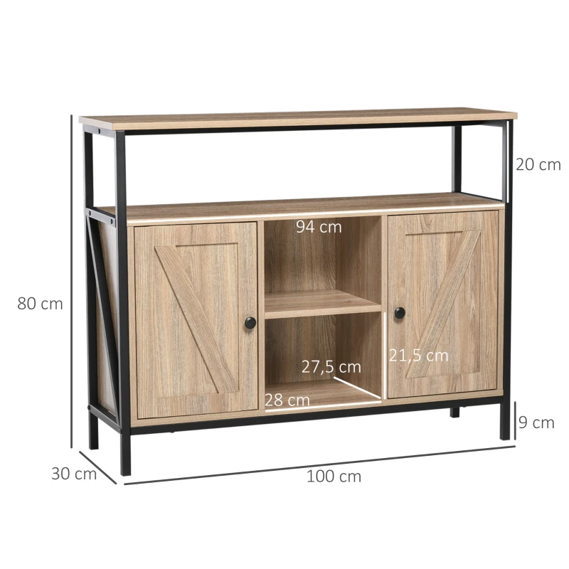 HOMCOM Sideboard im Industriedesign, 2 Schränke, 2 Regale. 1 Ablagefach, 100 cm x 30 cm x 80 cm, Natur + Schwarz