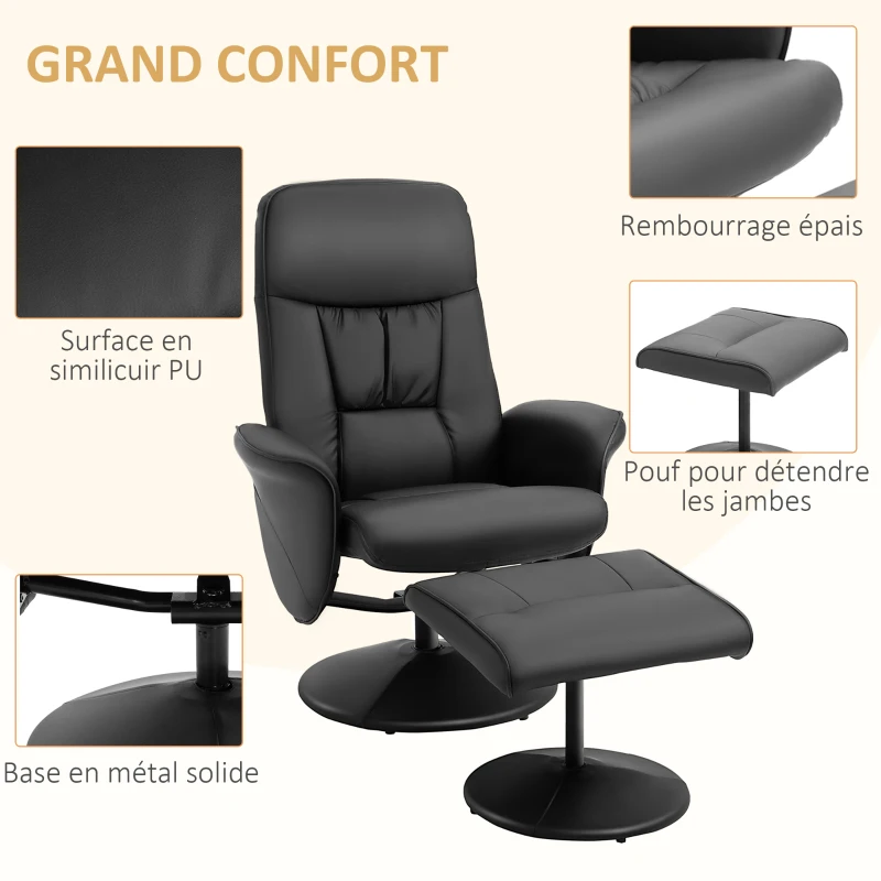 HOMCOM Fauteuil relax avec repose-pied fauteuil de relaxation relaxant pivotant 360° et dossier inclinable pour TV supportant jusqu'à 120 Kg revêtement synthétique métal noir