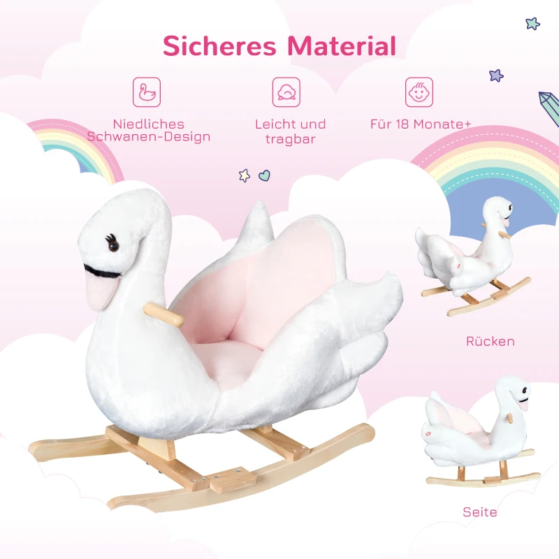 HOMCOM Schaukeltier Schaukelpferd mit Sicherheitsgurt Musik, 55 cm Baby Schaukel aus weichem Plüsch Schaukelspielzeug Spielzeug Wippe für Baby Kinder Kleinkinder ab 18 Monate Holz