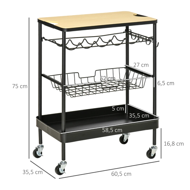 HOMCOM Carro de Cocina con Ruedas Carrito de Servicio Multiuso con Botellero Cesta Extraíble Bandeja 60,5x35,5x75 cm Negro