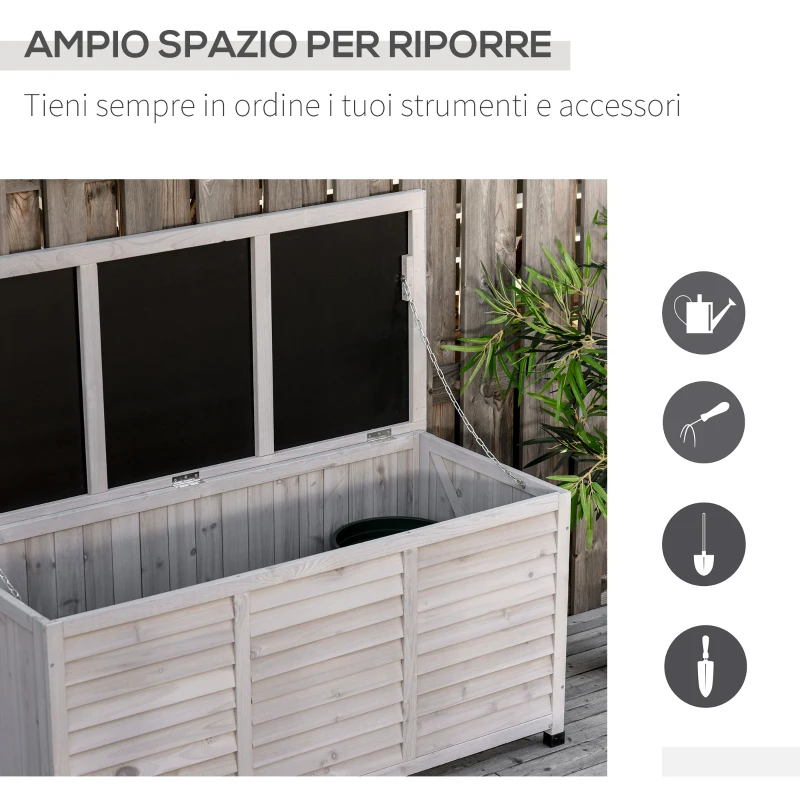 Outsunny Panca Contenitore in Legno di Abete, Cassapanca da Esterno con Piedini Antiscivolo 127x56x60cm, Grigio