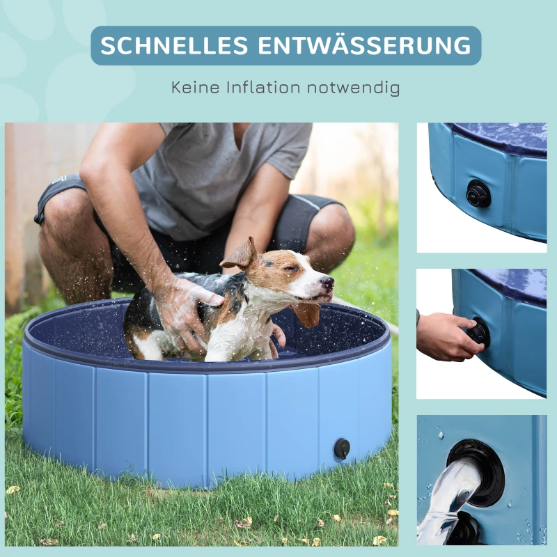 PawHut Hundebadewanne faltbar Badewanne Hundepool Plantschbecken Swimmingpool Wasserbecken für Hunde und Katzen Schwimmbecken Kunststoff+Holz Blau Ø100 x H30 cm