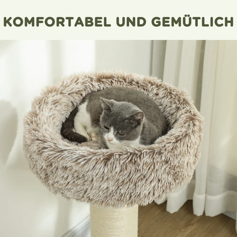 PawHut Katzenbaum, 87 cm, Katzenturm mit dickem Kratzpfosten, Plüschbett, für den Innenbereich, trägt bis zu 6 kg, Braun