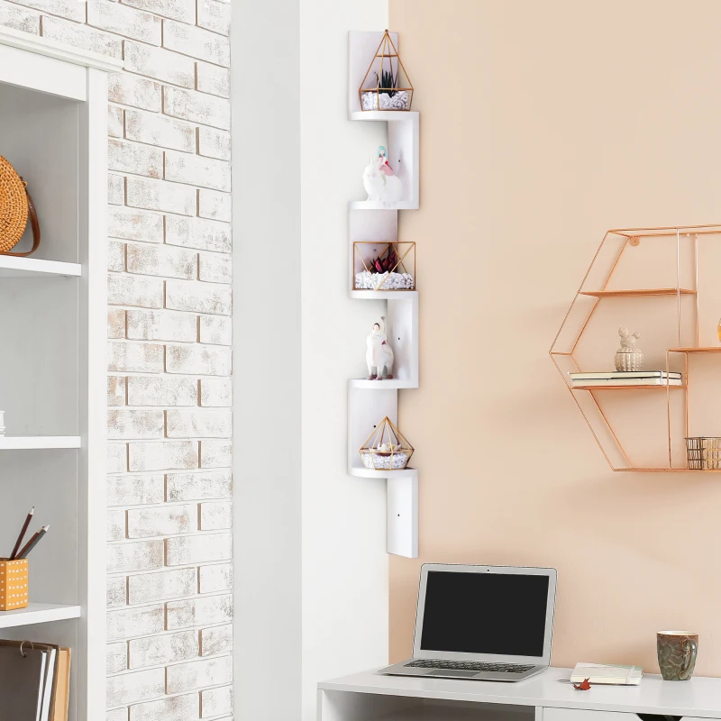 HOMCOM Étagère d'angle Murale à 5 Niveaux Hauteur 120 cm Forme de Zigzag en Bois Blanc