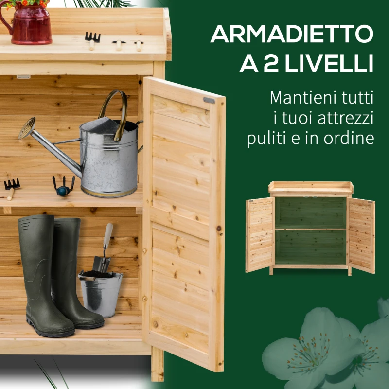 Outsunny Armadietto da Esterno a 2 Ripiani in Legno di Abete con Design Rialzato e 2 Ante, 83x40x92 cm