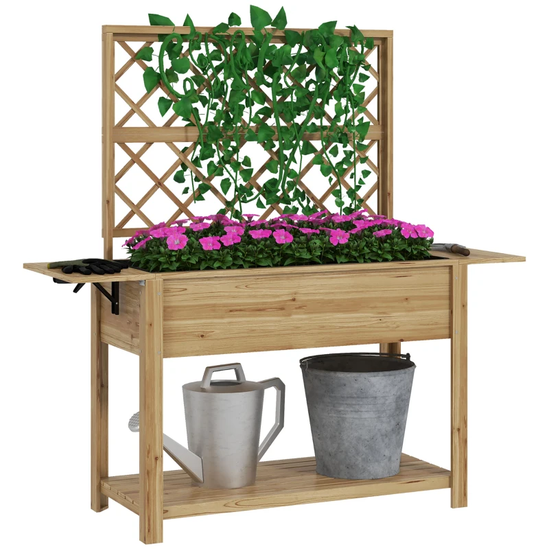 Outsunny Jardinière rectangulaire sur pieds avec treillis 2 tablettes latérales rabattables 1 étagère inférieure bois
