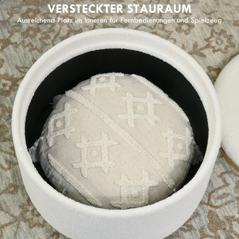 HOMCOM Hocker Polsterhocker, Teddyfleece, versteckter Stauraum, umkehrbarer Deckel, 56 cm x 56 cm x 42 cm, Weiß