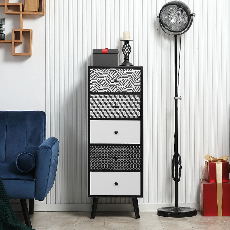 HOMCOM Mobile Cassettiera 5 Cassetti Fantasia Geometrica, Arredamento Moderno Camera e Ingresso, 40x40x111.5cm Nero Grigio