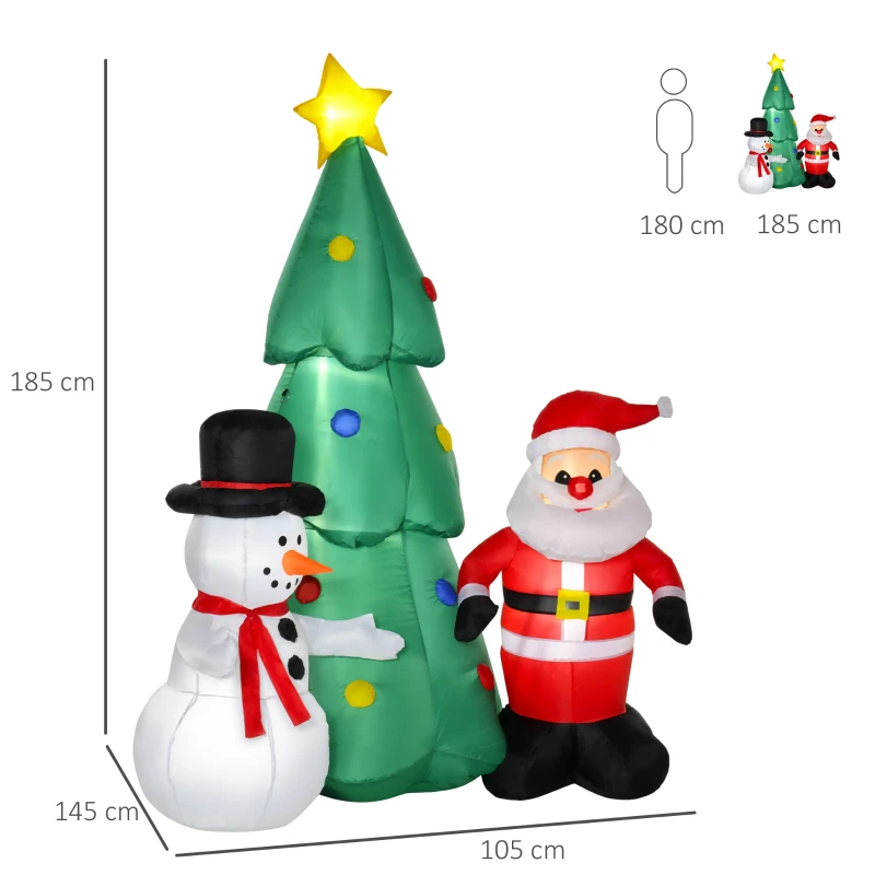HOMCOM Albero di Natale Gonfiabile con Babbo Natale, Pupazzo di Neve, Luci LED e Gonfiatore, Altezza 185cm