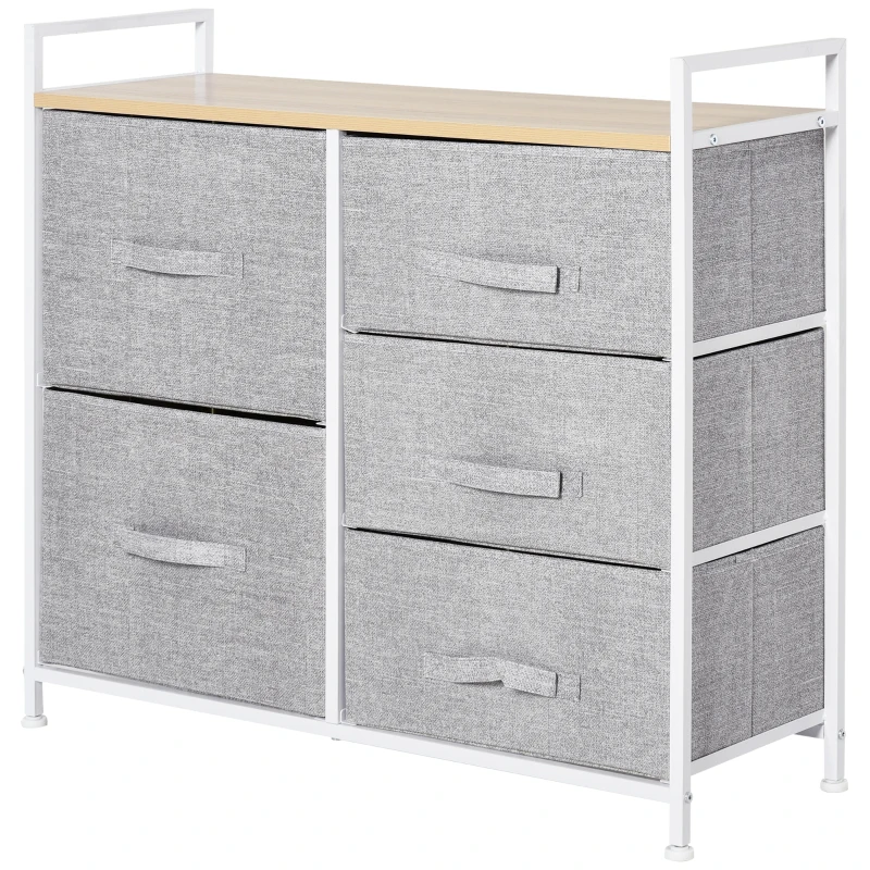 HOMCOM Commode à Tiroirs en Tissu Meuble de Rangement avec 5 Tiroirs Amovibles pour Chambre Salon Cuisine 83 x 29 x 77 cm Gris