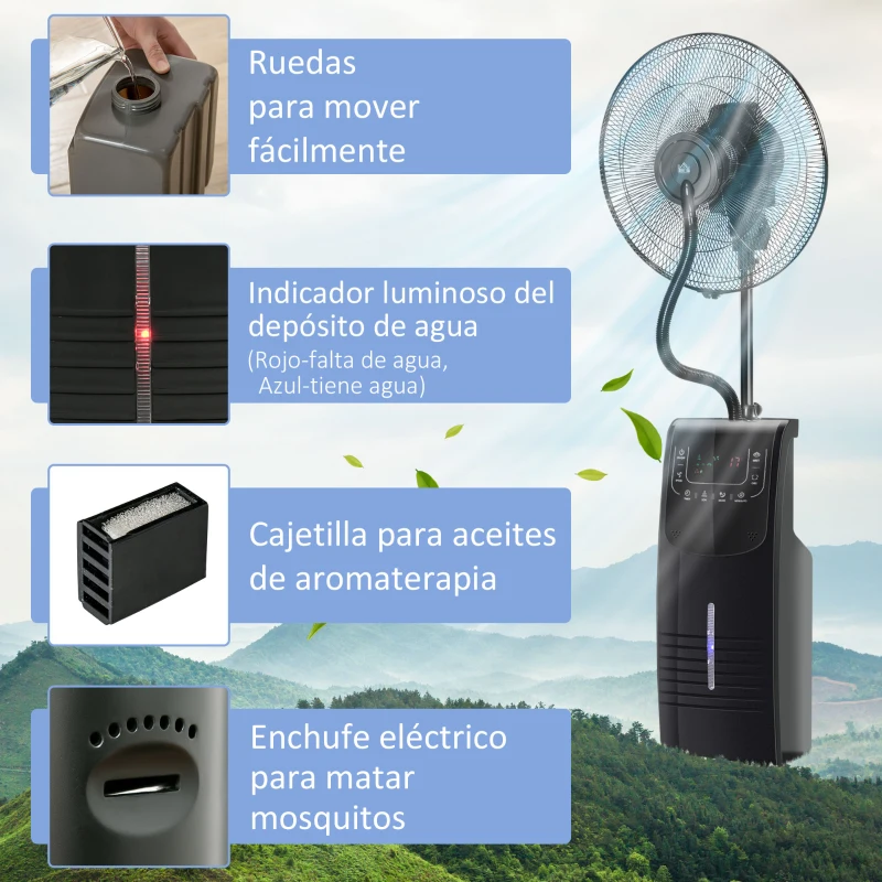 HOMCOM Ventilador de Pie Oscilante con Nebulizador 90W con Control Remoto 5 Aspas Tanque de Agua 3,1 L 44,5x44,5x135 cm Negro
