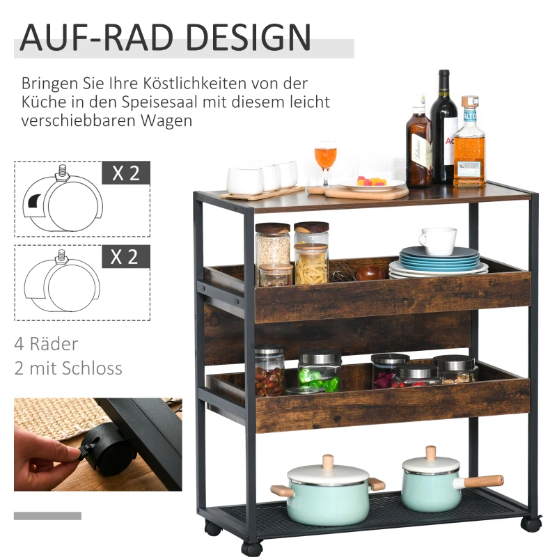 HOMCOM Küchenwagen Küchenrollwagen Servierwagen 3-stöckige Küchenregal Industrie-Design mit verstellbaren Füßen Rustikales Braun 80 x 40 x 90 cm