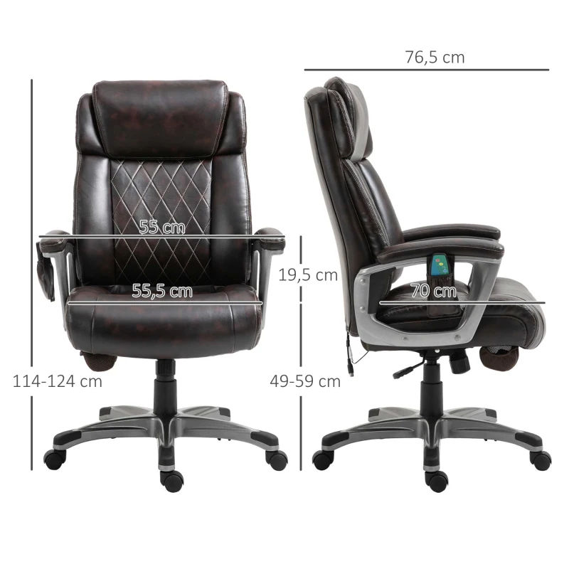 Vinsetto Massage-Bürostuhl 6-Punkt-Massage-Drehstuhl ergonomischer Stuhl Einstellbare aus Kunstleder mit gewölbter Kopfstütze und Armlehne Braun 70 x 76,5 x 114-124 cm