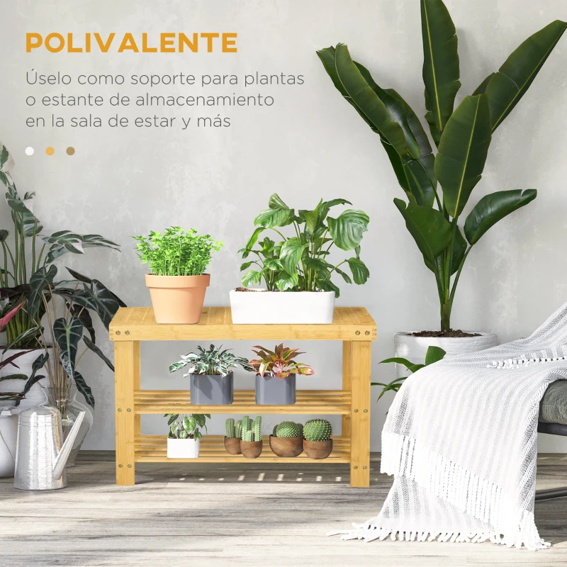 HOMCOM Banco Zapatero de Bambú con Asiento y 2 Estantes para 6 Pares para Entrada Salón Dormitorio 70x28x45 cm Natural