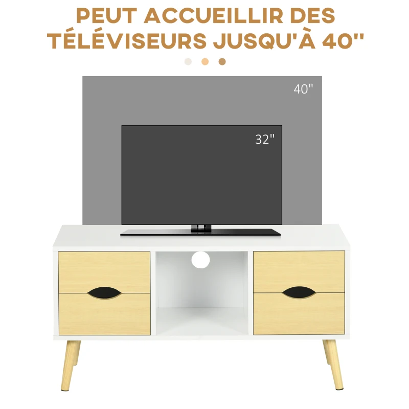 HOMCOM Meuble TV jusqu'à 40 pouces pieds en bois massif 4 tiroirs 1 niche centrale 90 x 30 x 46 cm naturel blanc