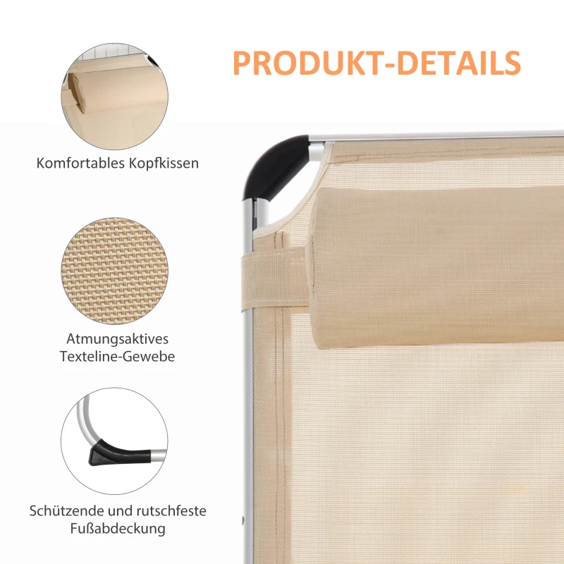 Outsunny Sonnenliege faltbar Gartenliege mit Kopfkissen ergonomisch Relaxliege mit 4-stufig verstellbaren Rückenlehne Alu bis 120 kg belastbar für Garten, Terrasse, Pool, , Strand,Beige