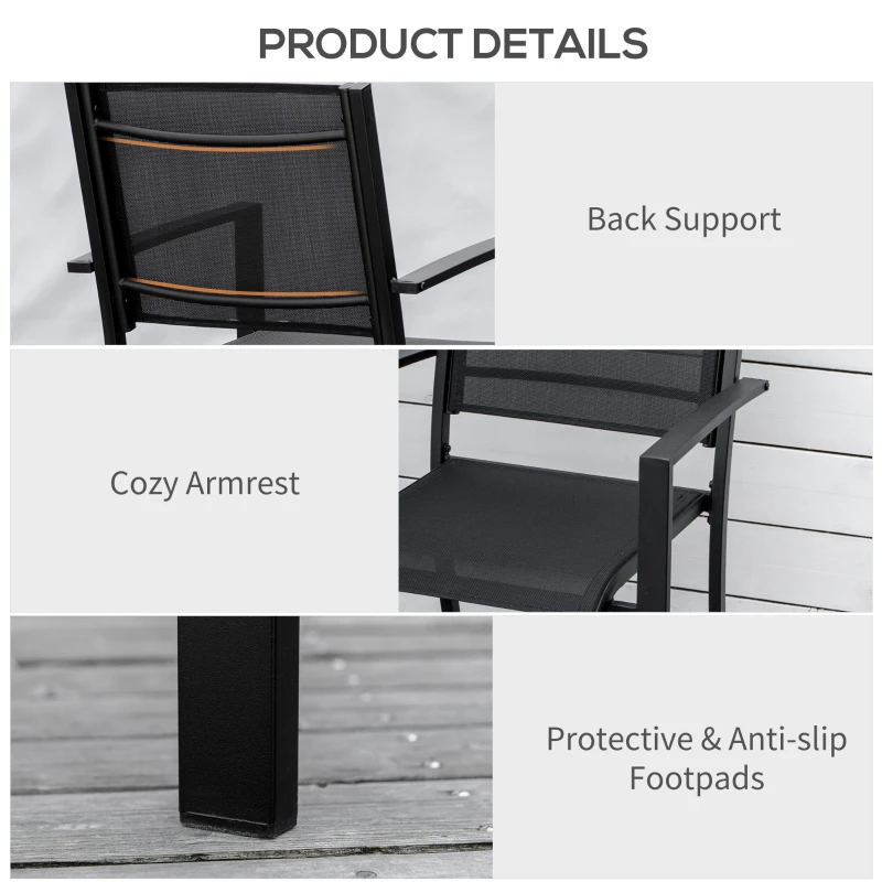 Outsunny Set of 2 Outdoor Garden Chairs with Steel Frame Texteline Seats for Dining Patio Balcony Black