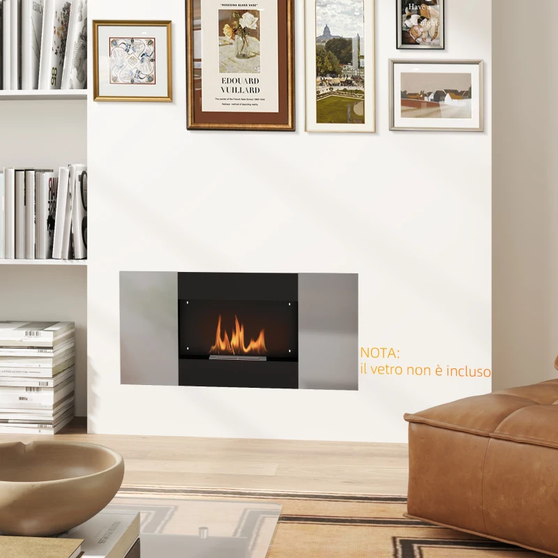 HOMCOM Camino a Bioetanolo 0.9L da Parete in Acciaio Inox, 100x15x54 cm, Nero e Argento