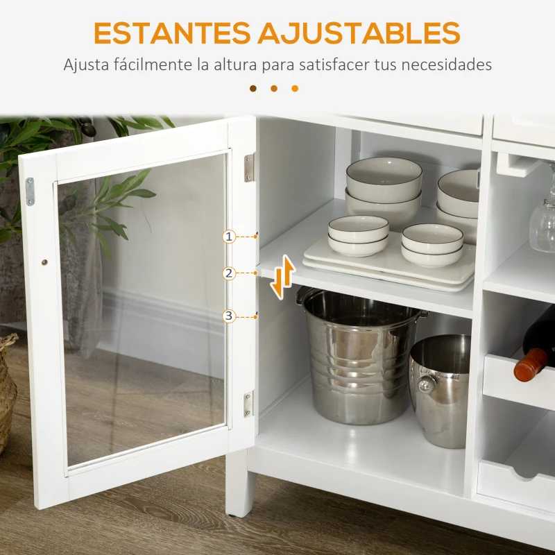 HOMCOM Aparador de Cocina con 3 Cajones Botellero y Soporte para Copas Mueble Auxiliar Estilo Moderno 120x40x87cm Blanco
