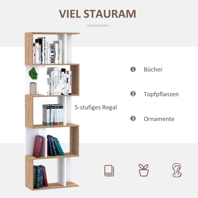 HOMCOM  Bücherregal S-förmiges Standregal Lagerregal 4-stufige Vitrine mit Hardware-Schnalle moderner Raumteiler Spanplatte Naturholz+Weiß 60 x 24 x 148 cm