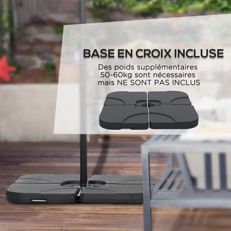 Outsunny Parasol déporté parasol de jardin Ø3 x 2,6 cm avec manivelle pied en croix 8 baleines et frange gris