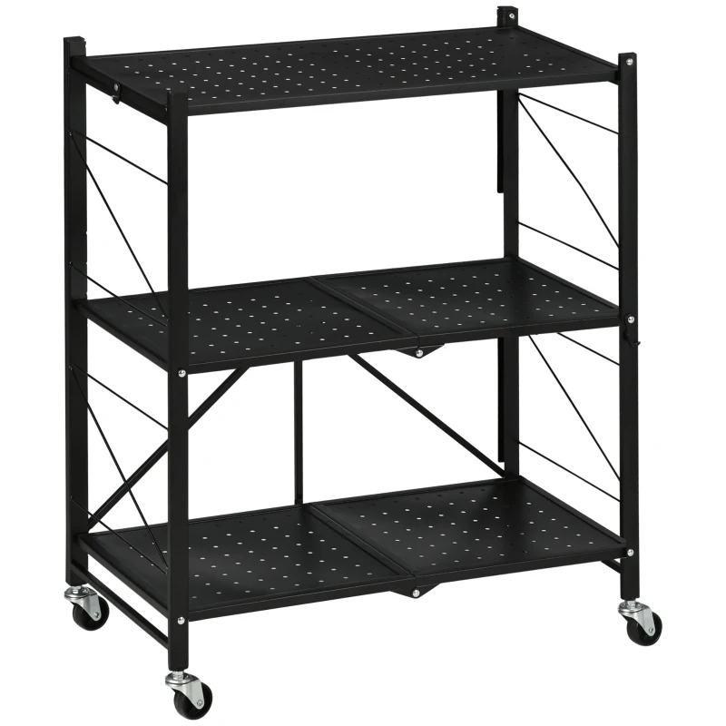 HOMCOM 3-Tier Storage Trolley Cart, Foldable Rolling Cart for Kitchen, Living Room and Bathroom, 68 x 34.5 x 85.5 cm, Black