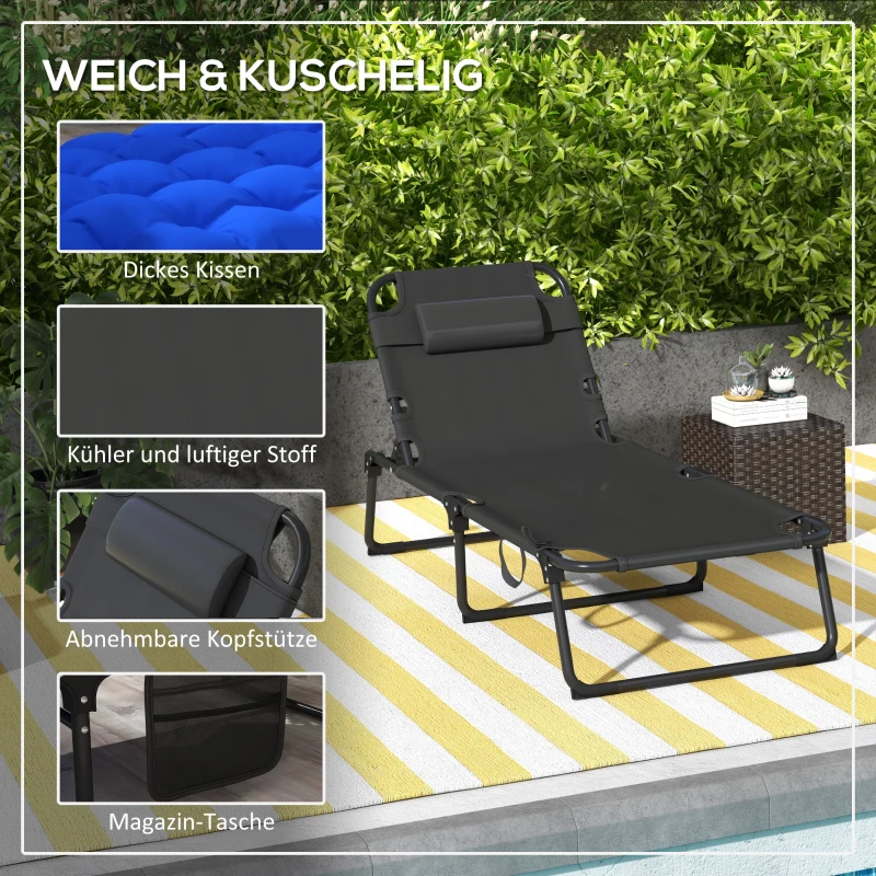 Outsunny Sonnenliege, 4-fach verstellbare Rückenlehne, klappbar, Magazinfach, Kopfkissen, Dunkelblau