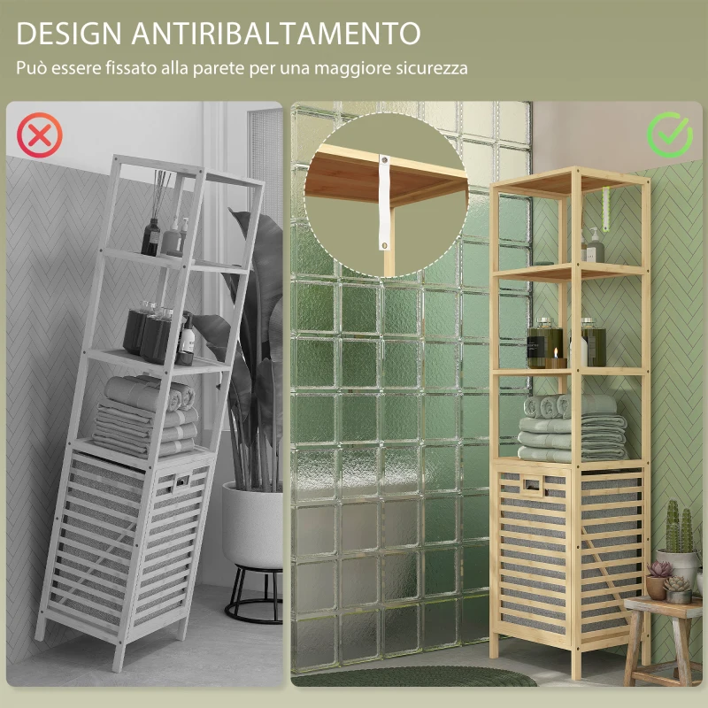 HOMCOM Colonna Bagno con 3 Ripiani in Legno di Bambù e Cesto Portabiancheria in Tessuto, 44x33x160cm