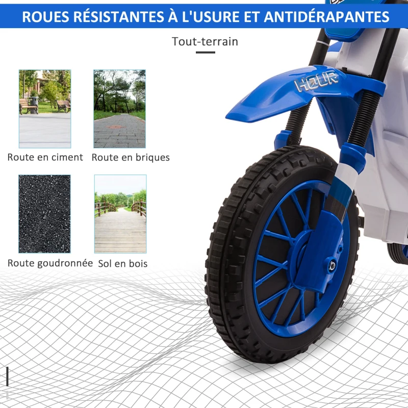 HOMCOM Moto Cross électrique Enfant 3 à 5 Ans 12 V 3-8 Km/h avec roulettes latérales Amovibles dim. 106,5L x 51,5l x 68H cm Bleu(m-5)