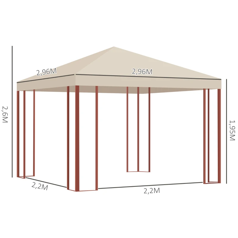 Outsunny Gartenpavillon, bis 15 Personen, Softtop, Fliegennetze, Stahlrahmen, beige, 296 x 296 x 260 cm