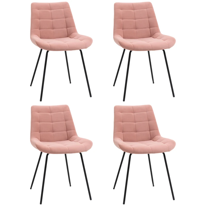 HOMCOM Lot de 4 chaises de salle à manger en tissu aspect velours capitonné et piètement métal noir 50 x 61 x 79 cm rose