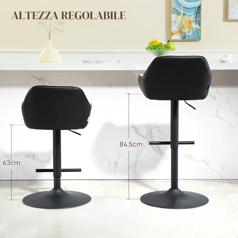 HOMCOM Set 2 Sgabelli Imbottiti ad Altezza Regolabile con Schienale e Braccioli, 52.5x53x86.5-108 cm, Nero Grigio Chiaro