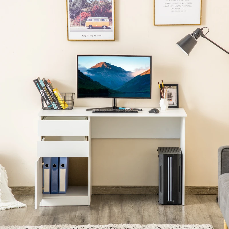HOMCOM Schreibtisch Computertisch mit 2 Schubladen Schrank Arbeitstisch Bürotisch große Tischplatte modern Weiß 120 x 50 x 75 cm