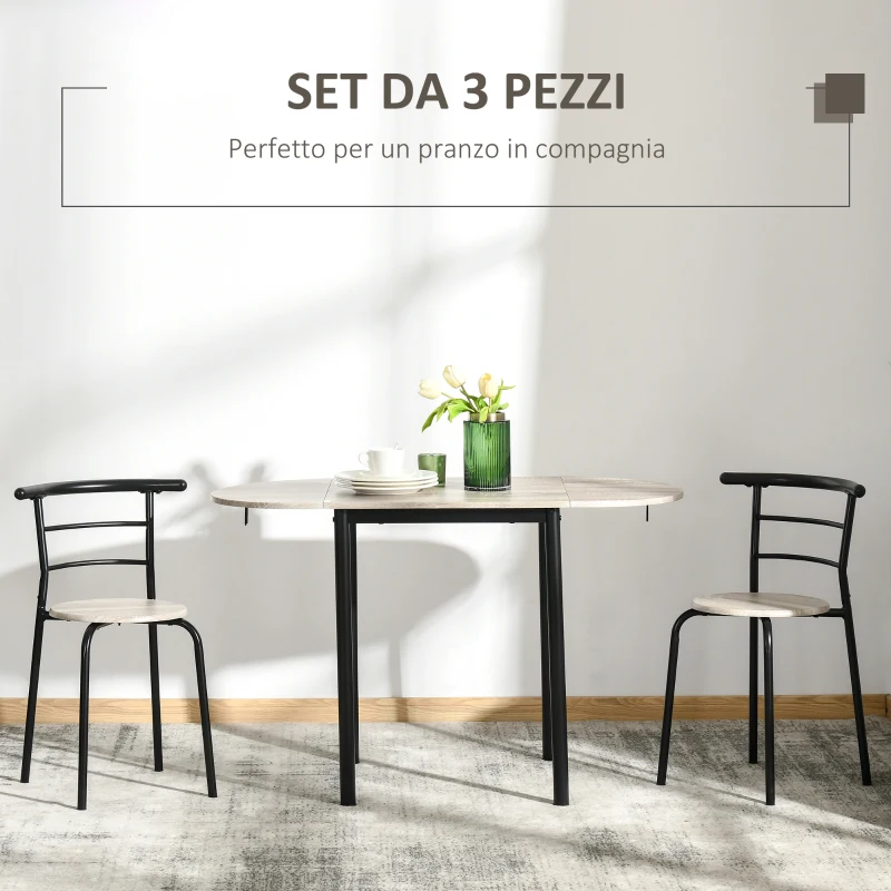 HOMCOM Set da Pranzo 3 Pezzi con 2 Sedie e 1 Tavolo da Pranzo Ovale in MDF e Acciaio per Spazi Limitati