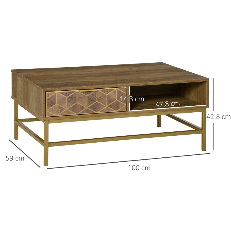 HOMCOM Tavolino da Salotto Rettangolare con Cassetto e 2 Ripiani Aperti, 100x59x42.8cm