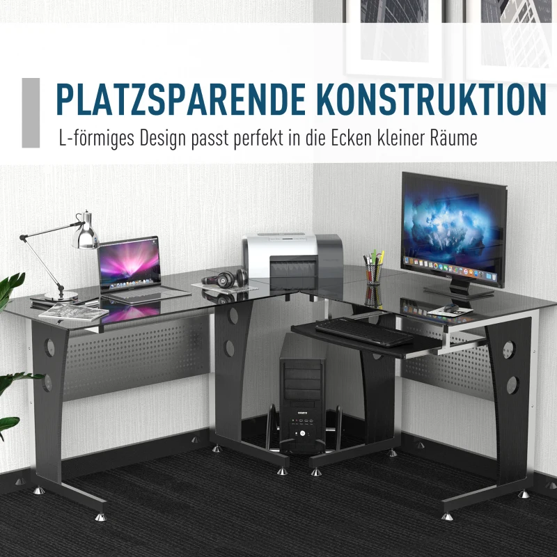 HOMCOM Computertisch Eckschreibtisch Schreibtisch Bürotisch PC Tisch mit schwarzem Sicherheitsglas L-förmig 164x139x75 cm