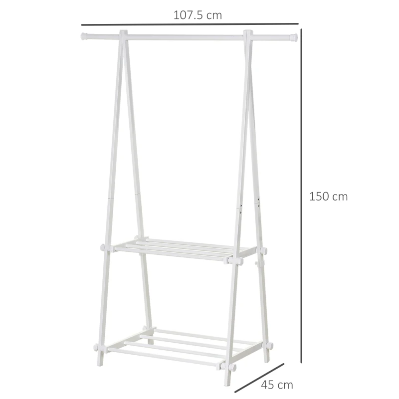 HOMCOM Minimalist Foldable Adjustable Clothes Rack Hanger w/ 2 shelves 107.5L x 45W x 150H cm Hallway Entryway Furniture - White