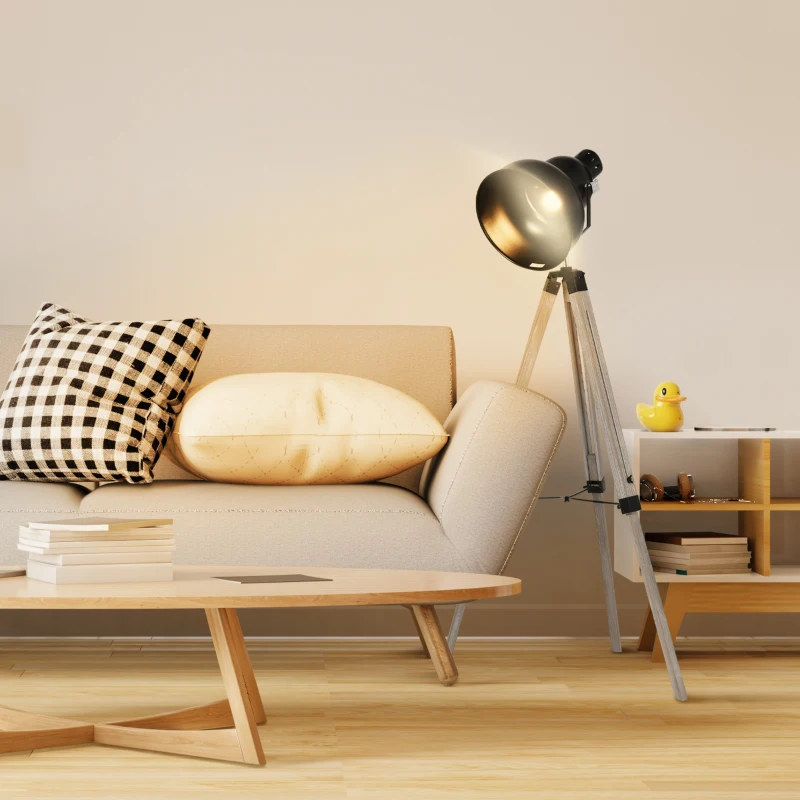 HOMCOM Industrial Tripod Base Cone Floor Lamp w/ Wood Legs Metal Shade Power Switch Adjustable Height Angle Home Office Styling Lighting Furniture Vintage Retro