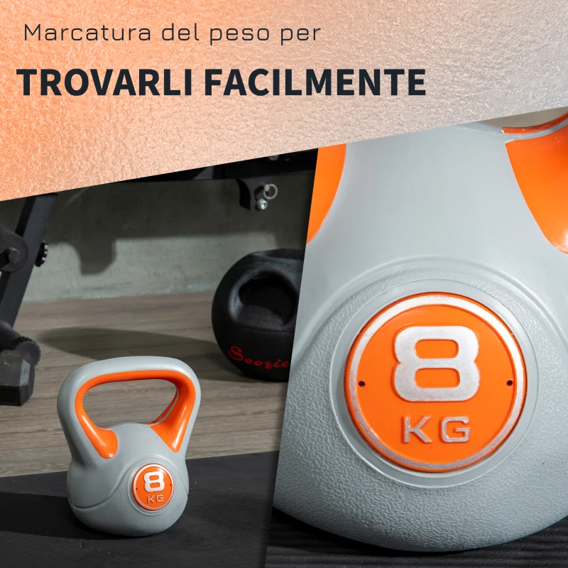 SPORTNOW Kettlebell 8kg in PU e Sabbia con Base Piatta e Impugnatura per Stacchi, Squat e Sollevamenti, 20x14x24 cm, Arancione