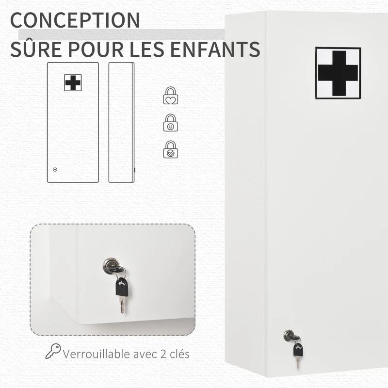 kleankin Armoire à pharmacie murale avec serrure, 5 étagères et tablettes réglables, bois et verre, blanc, 30x20x70cm