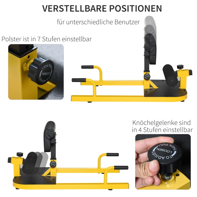 HOMCOM Sissy Squat Kniebeugentrainer Beintrainer Bauch-Gesäß-Trainer 3 in 1 Trainer verstellbar bis 120 kg Stahl Gelb+Schwarz 50 x 97 x (44,5–56,5) cm